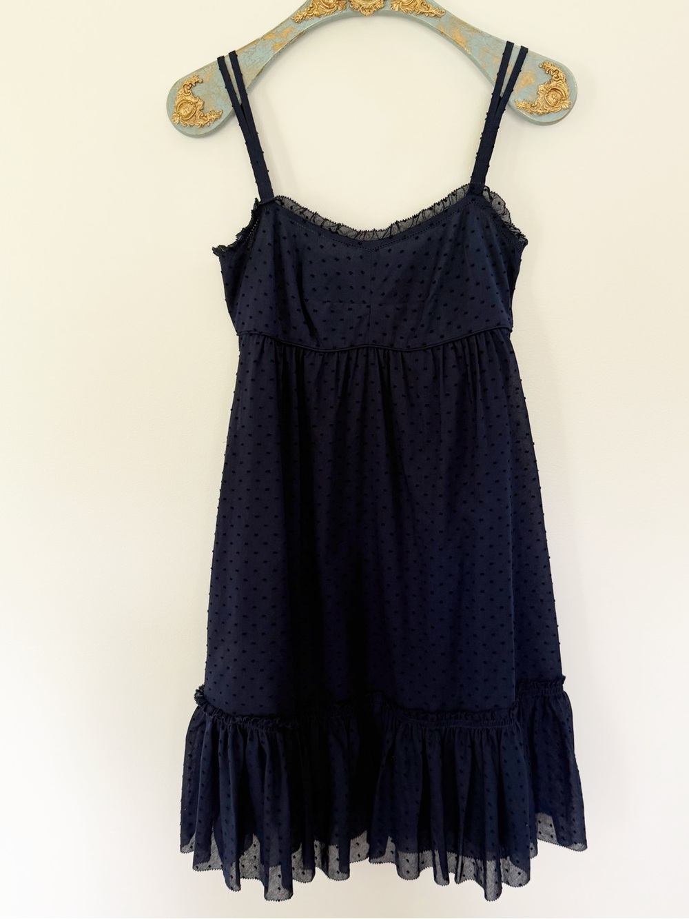 J. Crew Navy Swiss Dot Ruffle Hem Spaghetti Strap Dress